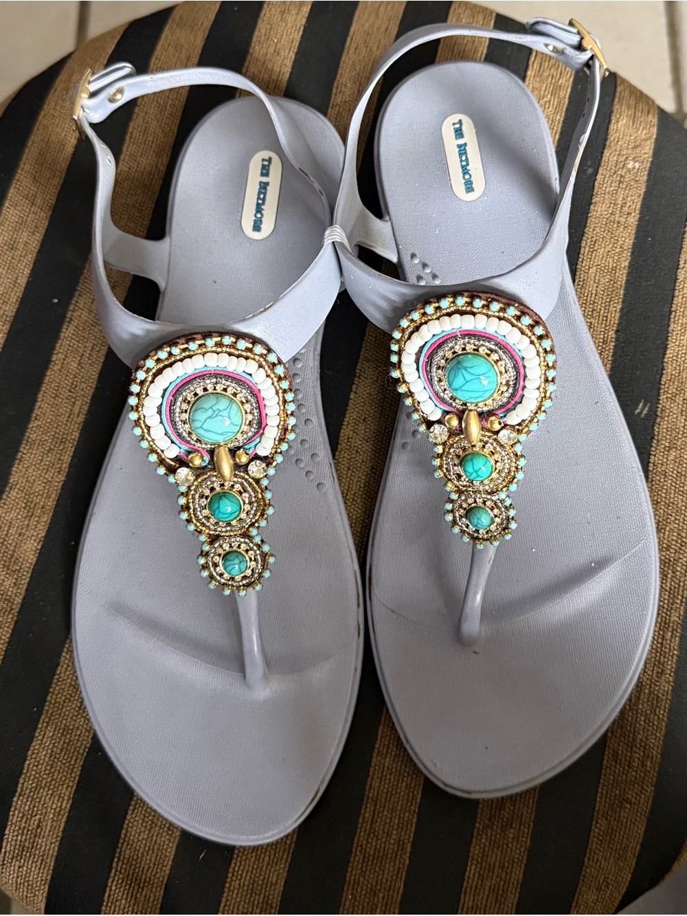 Women's Gray Jeweled T-Strap Sandals